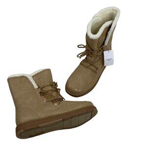 Lands'‎ End Slipper Boot Youth Girls 6M Tan Sherpa Lined Lace Up NEW